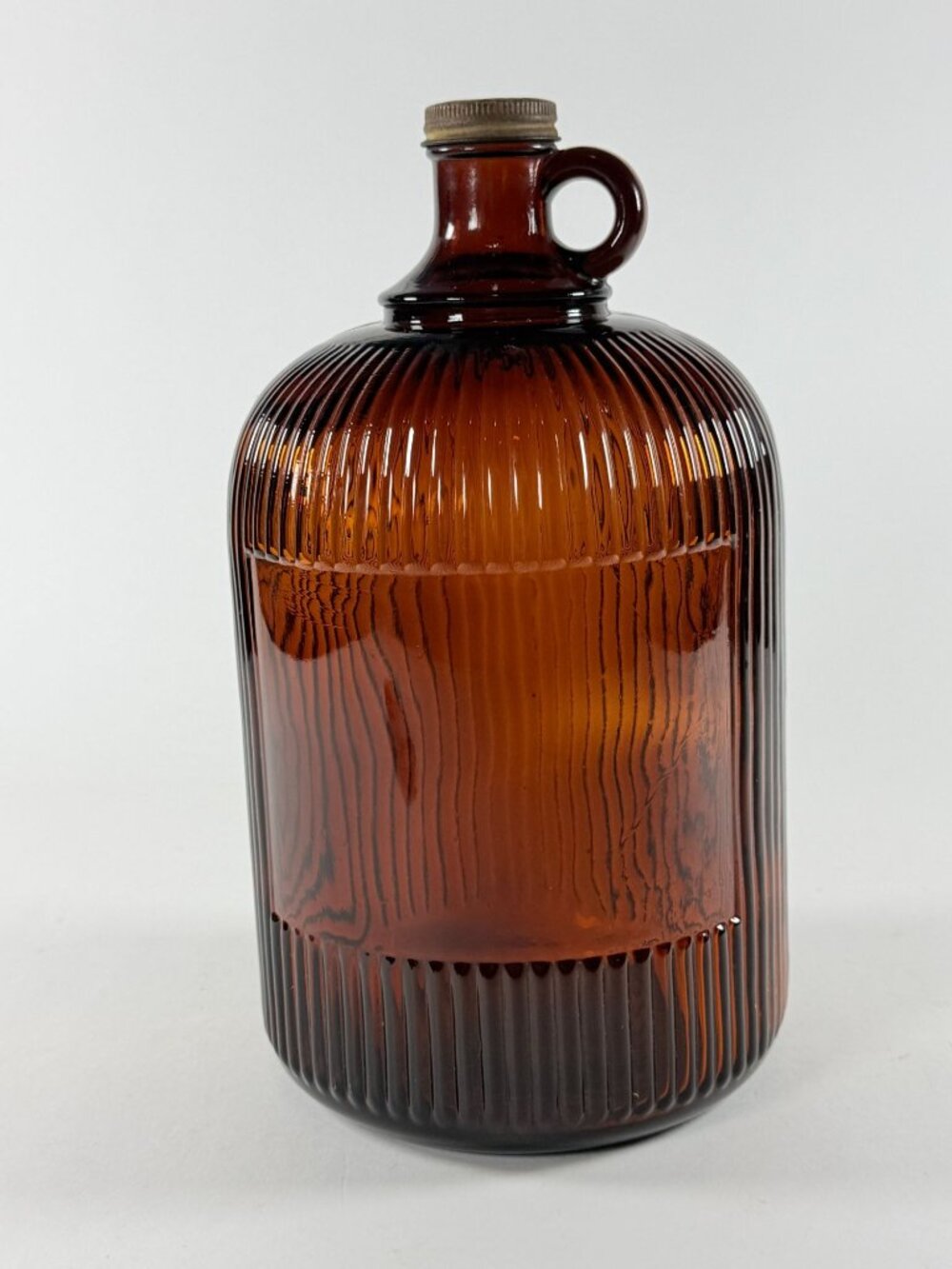 Vintage Brown Glass Syrup Jug Ribbed Bottle w/Handle Country Kitchen Decor